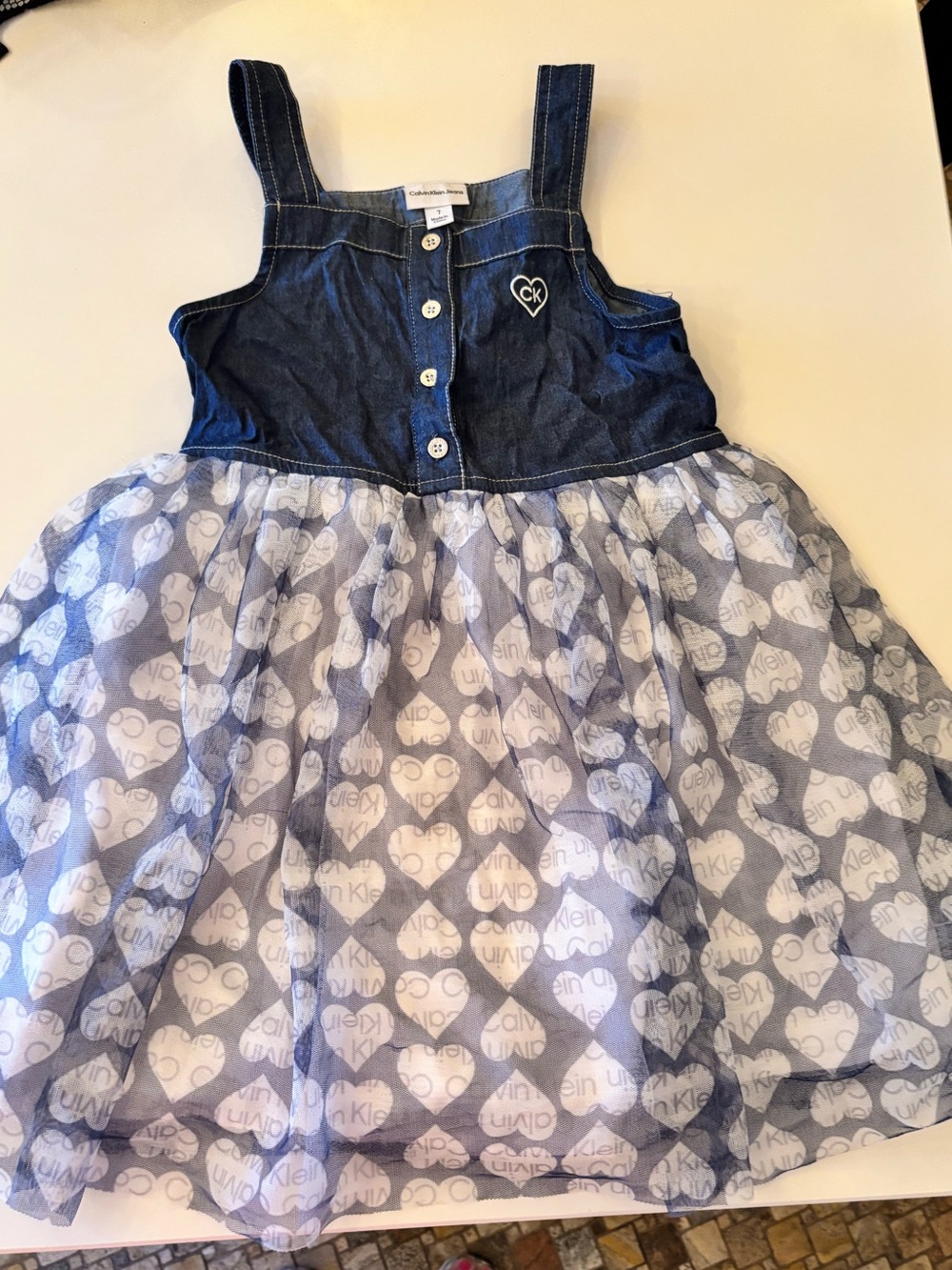 Calvin Klein Girls Denim Bodice Dress with White Heart Skirt